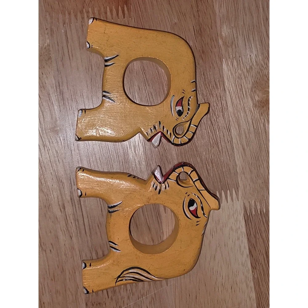 Vintage folk art set of six hand painted and carved animal napkin rings